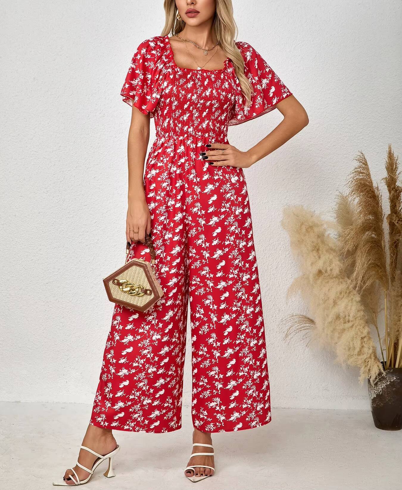 Romper Floral Print - Kadın Kırmızı Tulum Çiçek Desenli Kare