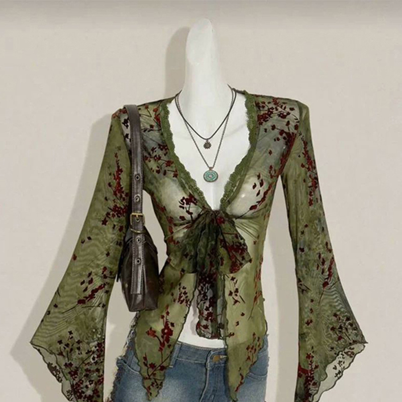 Romper Floral Print - MEXZT Vintage Çiçekli Örgü Gömlek Kadın