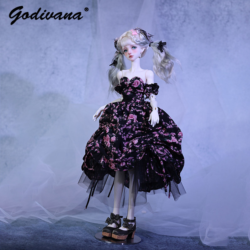 Midi Skirt Floral - 1/4 BJD Bebek Elbisesi, Siyah Tabanlı